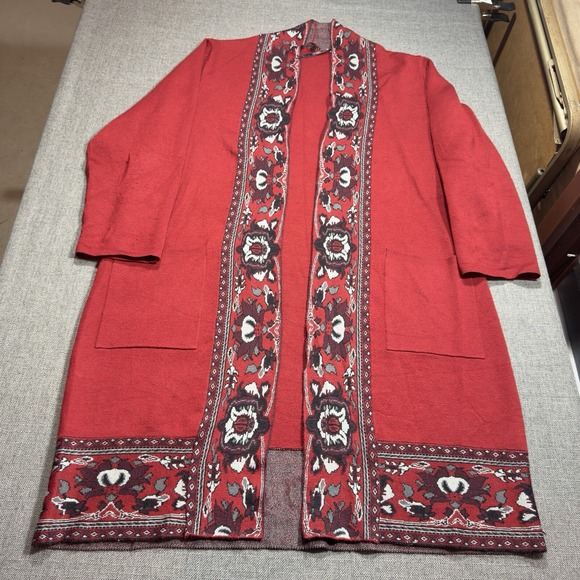 Kobi Halperin Women's Cardigan Long Wool Sweater Red Floral Open Pockets Boho XL - Picture 1 of 12